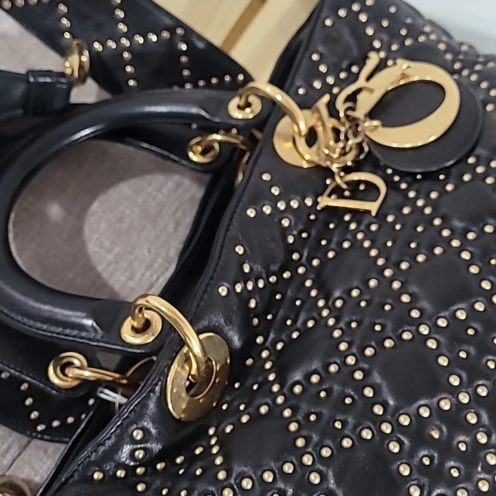Christain Dior Lady Dior Black Studded Tote Handbag - Picture 12 of 16